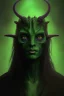 Placeholder: A portrait of a druid reptile demon with blurred colors, cute, beautiful, long dark hair,deep darkness, green evil eyes, etheric ,deep purple smoke, close up portrait by Greg Rutkowski