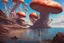 Placeholder: woman in a tight suit, on the shores of an alien world, with mushrooms, with jellyfish tentacles floating in the air, photorealistic, Detailed Matte Painting, Deep Colour, Fantastical, Intricate Detail, sunshine, blue sky