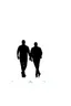 Placeholder: black silhouette of two men walking away on solid white background