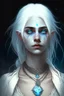 Placeholder: hauntingly beautiful character for dnd, young woman with white hair and blue eyes, angel, with moon necklace, scarred neck