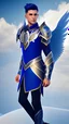 Placeholder: a human male with blue short hair and blue wings in assymetrical armor with geometric patterns and a book in hand, geometric wings