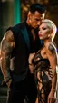 Placeholder: Jason david frank muscular male with short dark hair and tribal tattoos wearing a designer suit, whispering in ear of beautiful 18 year old woman with short blond hair wearing a long white translucent dress