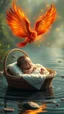 Placeholder: A baby sleeping in side a basket bed that is floating in the river and an beautiful fiery with sparkling wings flying over him