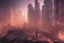 Placeholder: pos-apocalyptic cyberpunk city with destroyed buildings, a plubicity showing the number "2222", illuminated purple neon, dark, high contrast