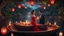 Placeholder: Hyper Realistic handsome muscular guy in tuxedo & beautiful girl in red dress doing candle-light-dinner on a fancy-romantic-wooden-boat in the middle of the river at dark night with sky-lanterns flying in the middle of a jungle.