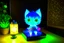 Placeholder: bioluminescent chibi cat fairy in a bedroom in starshine, mist