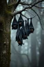 Placeholder: A group of black bats hanging upside down from a tree without leaves . The tree skin is covered in moss and lichen, allowing it to blend seamlessly into its surroundings. Dark cave Spirits feed on the energy of trees and can create thick fog to confuse their victims.