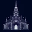 Placeholder: Santiago de compostela cathedral. Art Deco, Mood: Mysterious and Glamorous, Lighting: Deep blue with neon highlights, T-shirt design graphic, vector, contour, white background.