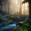 Placeholder: Dark fantasy concept art, dynamic lighting, Intricately detailed, Splash screen art, deep color, Unreal Engine, volumetric lighting, blue flowers, moss, leather, creek, flowing water, fantasy dark forest artwork,