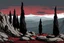 Placeholder: mountains, a gloomy rocky landscape, cypresses stretching up in the foreground, rocks and a bloody sky in the background