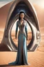 Placeholder: photorealistic slim woman looking and dressing like Drusilla standing at the entrance to a spaceship in a desert