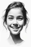 Placeholder: A realistic drawing in negative space black ink on white background of a beautiful front view of a young girl smiling with clear white face, all picture is bright white