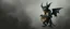 Placeholder: air brush 3d with pen outline, mongrel goblin gremlin holding caged bird, charcoal fog border