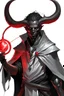 Placeholder: En Young male black skin black hair tiefling Wizard with large horns fra dnd. a book with Arcane Magic floating in front of him. in a silver and White Rope and a silver cloak. His horn a perfectly place on acet from the front to the back pointing upwards with glowing Red cat Eyes. His close is elegant get simple. Casting and ice spell