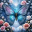 Placeholder: Beautiful filigree lacey butterfly, winter wonderland background, triple frosted heart with bi colored roses, glitter, glowing, transparent, sparklecore, Thomas Kinkade, realistic painting, 8K