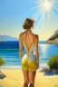 Placeholder: Neoclassicism woman standing in the sun on the beatch from the back in bathingsuit realistic cote d'azur painting