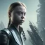 Placeholder:  Greta Thunberg portrait in post-apocalypse cyborgs in a cyberpunk city, sci-fi fantasy style, 8k, dark