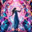 Placeholder: A goddess of love in a cleric dress dances in a vibrant, vibrating, color-rich 3D environment of metallic and crystal recursive geometric structures and an evolving future world background. Creative light art, blurred bokeh effect,