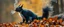 Placeholder: squirrel black dragon with white fluffy whool in autumn, breathing smoke