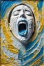 Placeholder: impasto paint portrait from blue and silver patterned chipped, cracked white porcelain human face with closed eyes and screaming mouth, high detalied, sharpen, crepy stunning, paint with fine line art, surreal, blur background