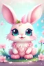 Placeholder: alien has a small, round body pastel-colored fur/feathers,cherry blossoms.eyes are big and shiny. rosy cheek,fluffy bunny ears,flowers.arms and legs are soft.tiny paws/claws