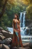 Placeholder: full shot body photo of the most beautiful artwork in the world featuring model, happy mood, High Detail, dramatic, photo realistic, ultra sharp, ultra hd, hyper realistic, ultra realistic, ((((dress)))), trending on artstation, sharp focus, studio photo, intricate details, highly detailed, standing in nice pose in country side with river ,water fall ,rocky valley,mountains at background, pretty clouds