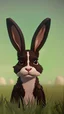 Placeholder: portrait of a bunny with big hanging ears, sitting in an old worn tire, in a field of various grasses.