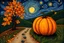 Placeholder: Van Gogh style, folk art, autumn, one small pumpkin, trees, leaves, night, swirls, old dirt path, hills