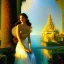 Placeholder: hyperdetailed oil on canvas, young Georgina Chapman by a temple fountain, beautiful, detailed face, long dark hair, surrounded by luminous colorful sparkles, airbrush, depth of field, Octane Render, by Gaspar Camps, Maxfield Parrish, Alphonse Mucha, Cyril Rolando, volumetric lighting, dusk, 16k