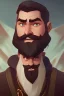 Placeholder: Fantasy Bearded strong man wearing a thick fur-lined merchant's coat, wearing gold rings, divine, halo, happy smiling, portrait, high definition, realistic, long hair, dynamic lighting, volumetric lighting, mustache