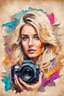 Placeholder: portrait of a blonde woman with a camera, background old torn paper, bright colors, ART drawing, fine rendering, 8K