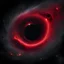 Placeholder: an ominous deep red and black black hole floating in deep space