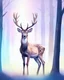 Placeholder: night, deer with antlers standing sideways, looking at viewer, realistic water color painted, among light colored tall simplified tree trunks, foggy, digital painting, Easter Spring pastel colors, colorful, dark background