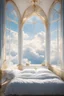 Placeholder: house in the clouds, bedroom, cozy, minimalism, angelic, royal, fancy, gold and white, sky, big window overlooking the sky, heavenly, soft blue