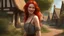 Placeholder: A photorealistic image of a red-haired, slender fantasy woman, winking and smiling, standing in a village common, surrounded by many thatched cottages and shops, under a large tree, early in the morning.