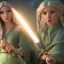 Placeholder: A elven female dressed in jedi-inspired monk robes holding a sword with a crystal blade that emitts a faint green glow. Passive stance, Jessica Alba, MIla kunis, Emma stone, Detailed face, Full body portrait. Hyper detailed, Photo realism, Hyper realism, Unreal engine