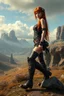 Placeholder: Photorealistic full-height photo of a fantasy skinny steampunk pin-up girl in boots with long, dark ginger hair in a fantasy landscape