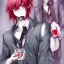 Placeholder: cute male anime vampire drinking blood, he has red eyes, white hair