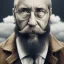 Placeholder: a young woman sitting next to a 50-year-old man with a beard and short hair, portrait, 8K, close-up face, anatomically perfect face, Highly detailed stunning full frame portrait, misty and cloudy atmosphere