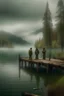Placeholder: tres pescadores pescando truchas sobre un muelle en un lago patagónico con árboles y montañas, en un día lluvioso y frio, con flora autóctona al estil rembrandt
