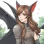 Placeholder: A headshot portrait of a bat demihuman which is a human with bat characteristics. woman with long brown hair, red eyes, large brown bat ears and brown bat wings, intricately detailed, cell shaded anime style, zoo background