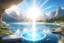 Placeholder: a flying saucer made of light and bright with a vertical ray of white light. it is over a magic landscape with fairy nature and crystal lake