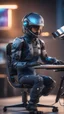 Placeholder: head set helmet rig with chair and with keyboard body suit attached ,bokeh like f/0.8, tilt-shift lens 8k, high detail, smooth render, down-light, unreal engine, prize winning