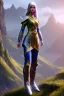 Placeholder: elven young woman, wearing light dress, visible ultradetailed cute femine face, visible and armonious legs feet and hands, luminous weather, field in the mountains, realistic 3d render, mortal kombat style, unreal engine