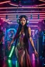 Placeholder: midle shot dancing in silent disco a young asian woman with long extrem hair, stunning futuristic dress and make up, wearing headphones and looking you attraktive, The atmosphere is enhanced in disco bar with neon lights, cyberpunk vibe, futuristic, light lines, photorealistic, in background blure light and blur dancing people