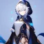 Placeholder: Genshin woman, Clear Focus High resolution, Calm Background, Light skinned woman, Black long beatiful hair, Dark blue sparkling eyes, Very Beatiful Face, Splash art, Cute Scene, Wearing a cloak that has a hood on the back