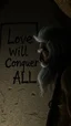 Placeholder: A hand writing On cave wall written ” Love Will Conquer All” an old man with bear and king hair died by the cave wall , a dim lighting great quality picture with primitive style