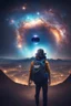 Placeholder: Supernova overlooking a city in the Milky Way galaxy with a person wearing a hat and a backpack with the Shift logo on it