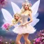 Placeholder: fantasy fairy with transparent wings, smiling, make up, long platinum blond hair with crown and flowers, pink dress