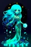 Placeholder: A beautiful girl with glowing starry eyes. And with turquoise hair decorated. And full body. Holds 10 glowing glass beads with a moon inside